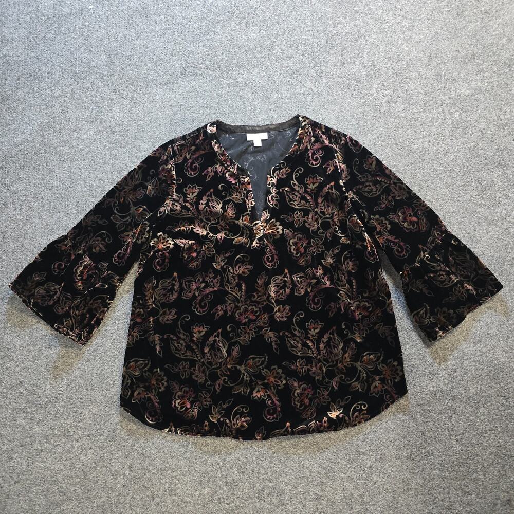 J Jill Top Womens Small Black Floral Velour Stretch Flare Sleeve Causal Career